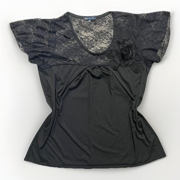 Blueheaven 3X Black Lace Sleeve Top Floral Stretch Blouse Plus Size Women’s - Picture 1 of 7
